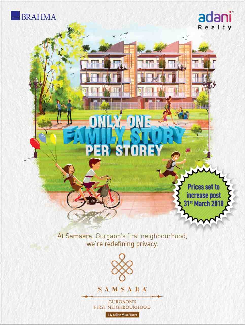 Adani Samsara Floors redefining privacy with only one family per storey in Gurgaon Update